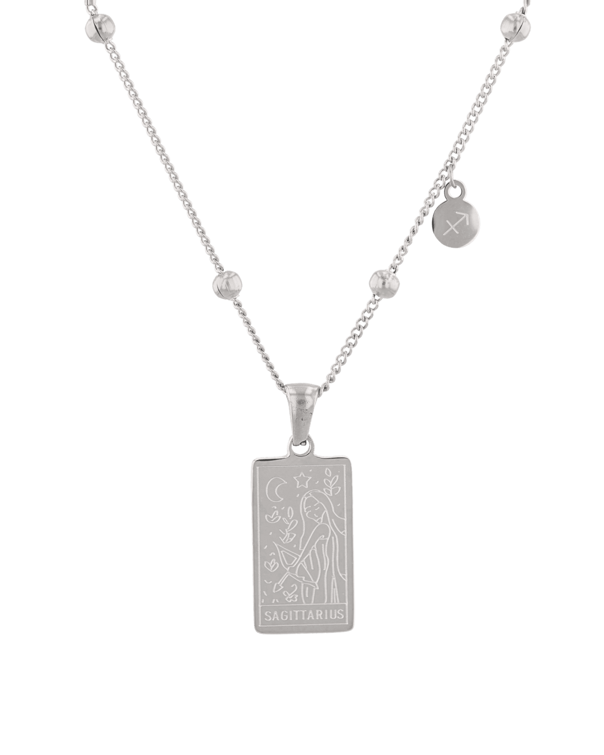 Image of Necklaces. Product name - Sagittarius Silver Zodiac Tag Necklace in colour by brand - LAVANA