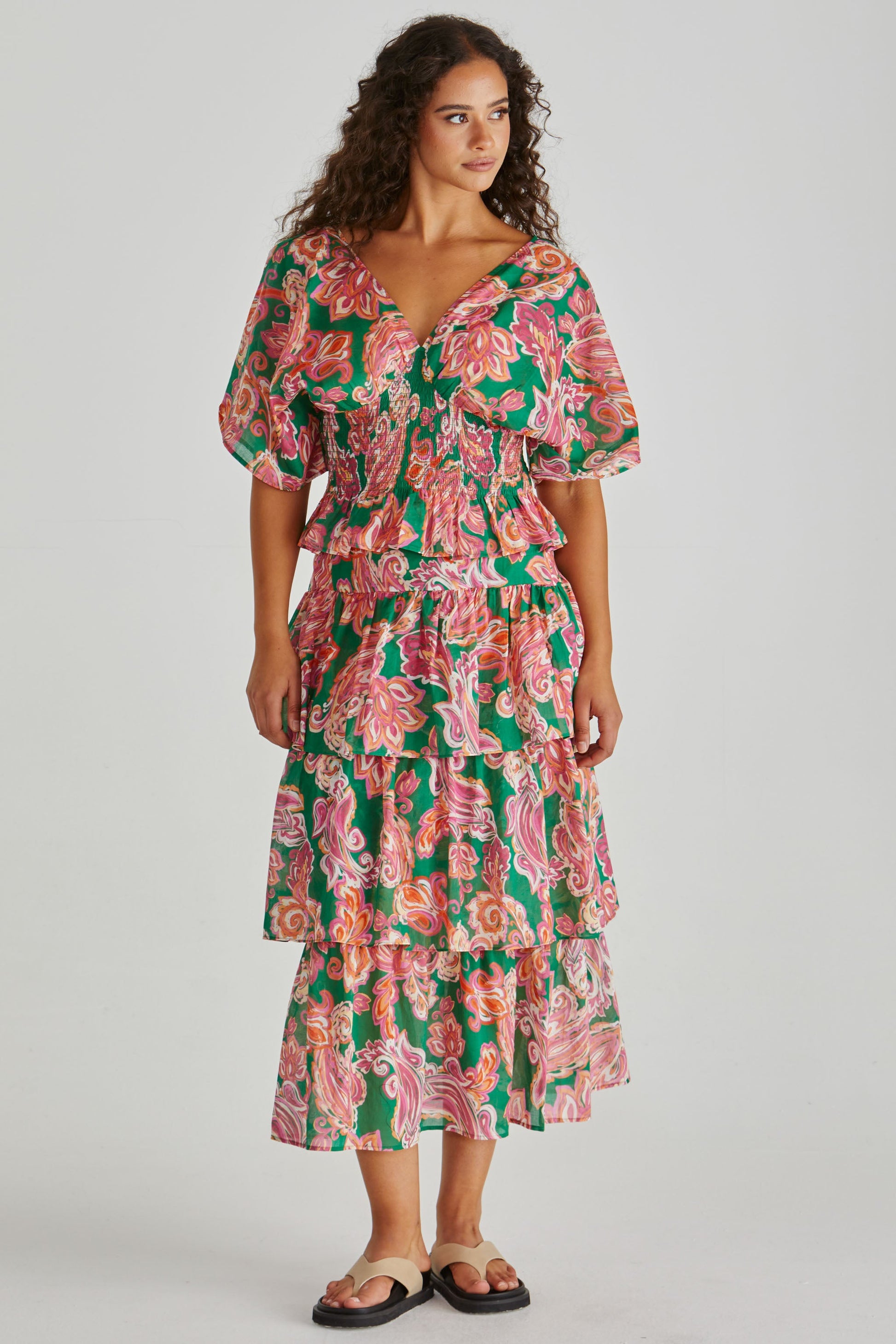 Image of a model wearing Skirts. Product name - Malia Frill Layer Skirt Pink Green Paisley in Pink Green Paisley colour by brand - Sass Clothing