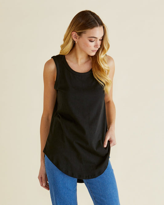 Image of a model wearing Tops. Productname: Betty Basics Keira Tank Black in Black colour by brand - Betty Basics