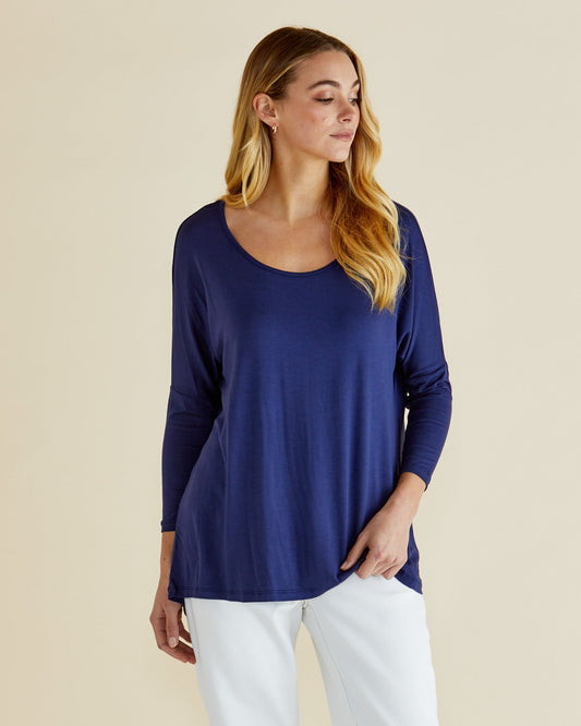 Image of a model wearing Tops. Productname: Betty Basics Milan 3/4 Sleeve Top Navy in Navy colour by brand - Betty Basics