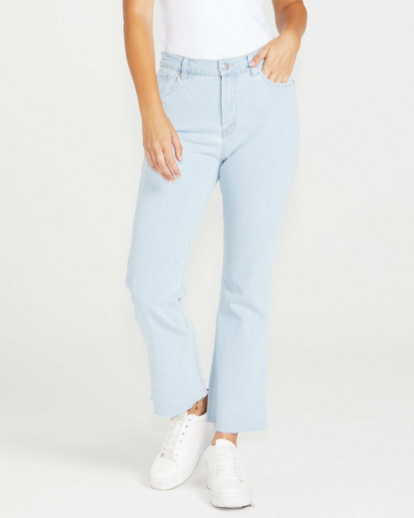 Image of a model wearing Pants. Product name - Layla Jean 96 Bleached Wash in 96 Bleached Wash colour by brand - Sass Clothing