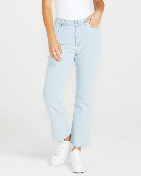 Image of a model wearing Pants. Product name - Layla Jean 96 Bleached Wash in 96 Bleached Wash colour by brand - Sass Clothing