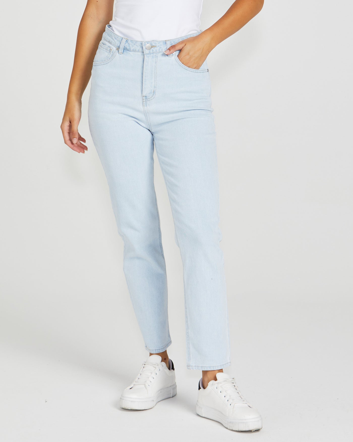 Image of a model wearing Pants. Product name - Nat Jean 96 Bleached Wash in 96 Bleached Wash colour by brand - Sass Clothing