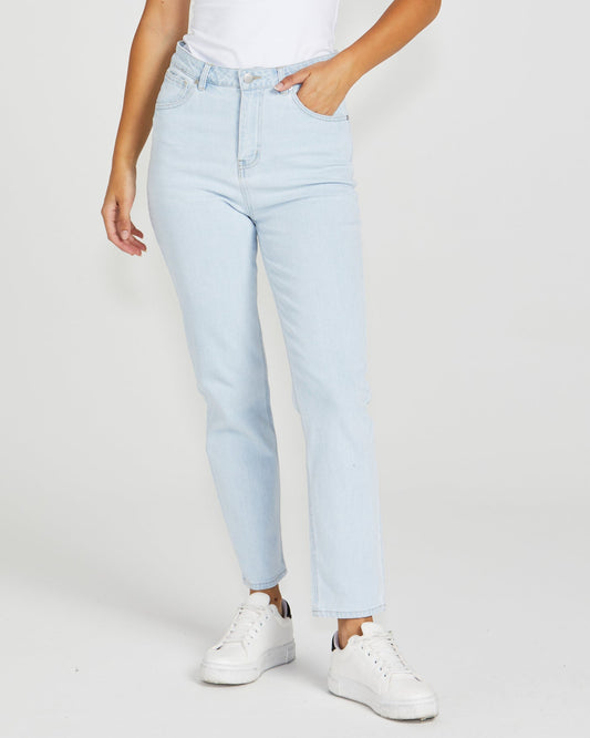 Image of a model wearing Pants. Product name - Nat Jean 96 Bleached Wash in 96 Bleached Wash colour by brand - Sass Clothing