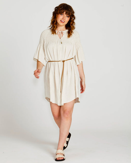 Image of Dresses. Product name - Portia Relaxed Smock Mini Dress Oatmeal Beige in Oatmeal colour by brand - Sass Clothing