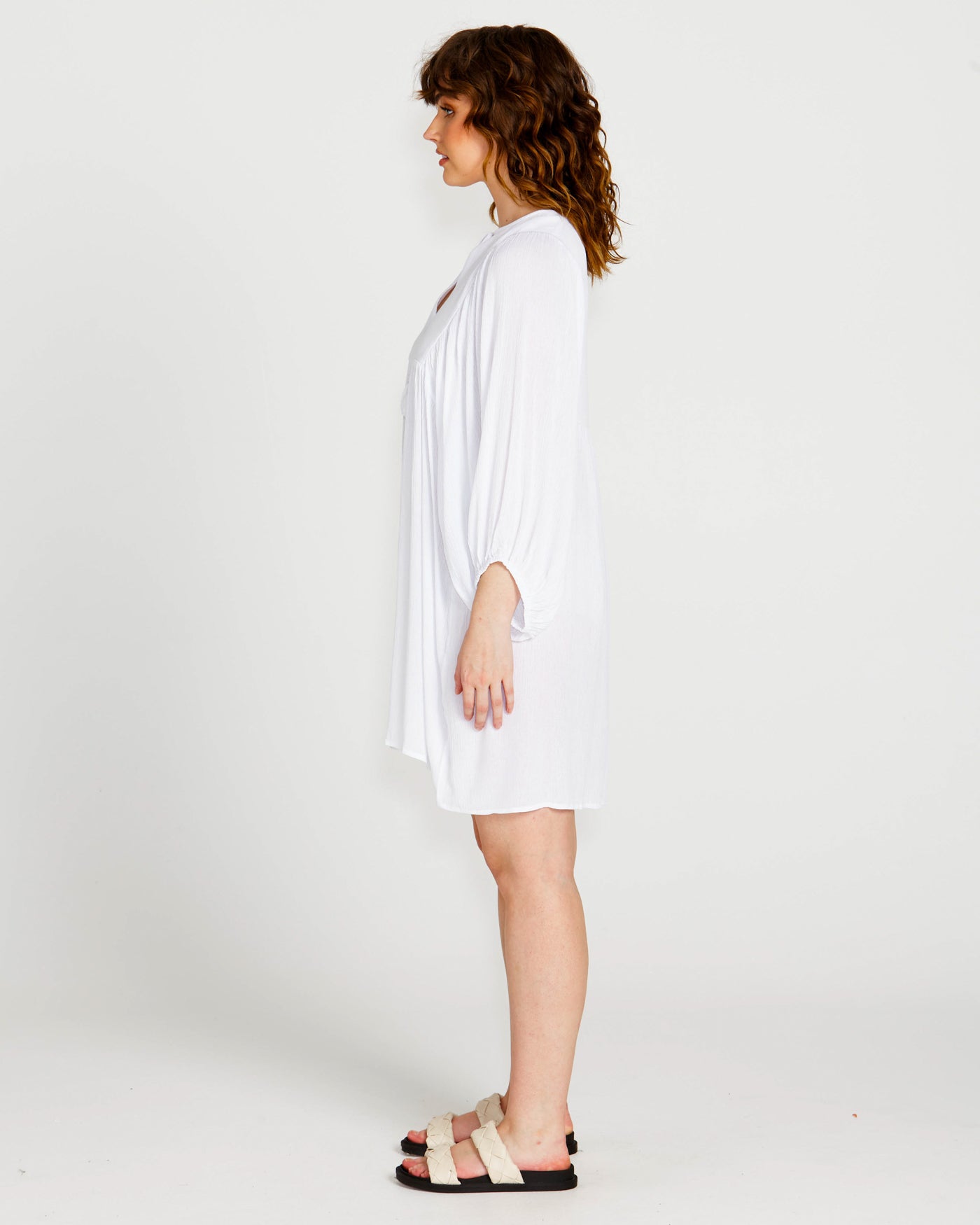 Sass Clothing Rava Boho Smock Flowy Mini Dress (White)