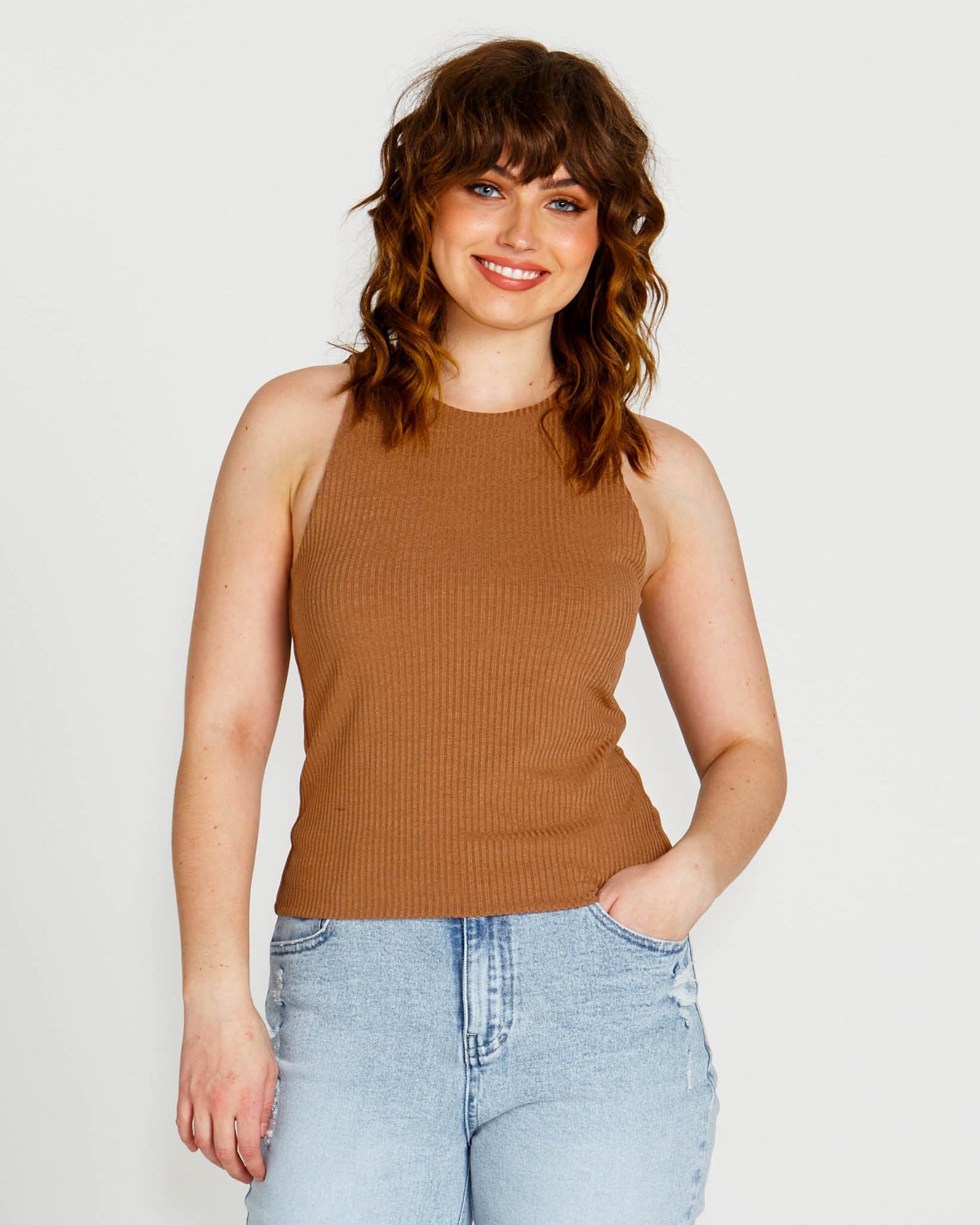 Image of T-Shirts. Product name - Aubrey High Neck Cotton Basic Singlet Brown in Brown colour by brand - Sass Clothing