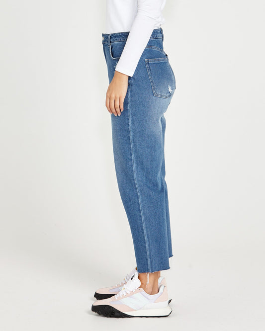 Sass Clothing Mavourne Straight Leg High Waist Distressed Denim Jeans Blue (80 Wash)