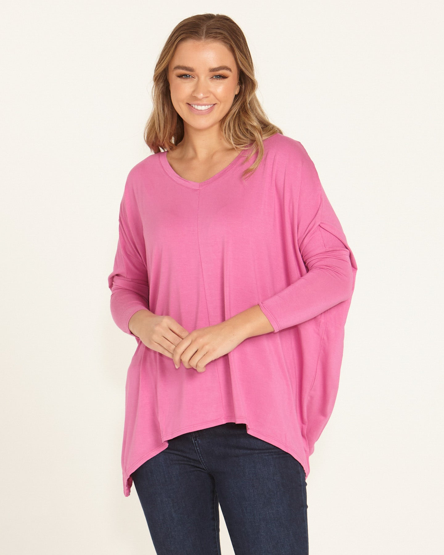 Betty Basics Kyoto V-Neck Loose Stretchy Basic Tee (Winter Pink)