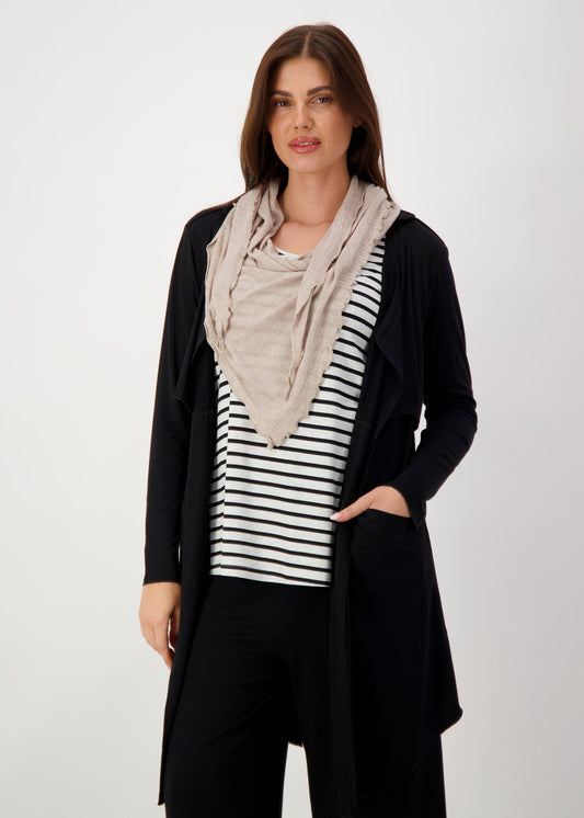 Image of a model wearing Outerwear. Product name - Sassoon Cashmere/Bamboo Scarf Linen in Linen colour by brand - Lou Lou