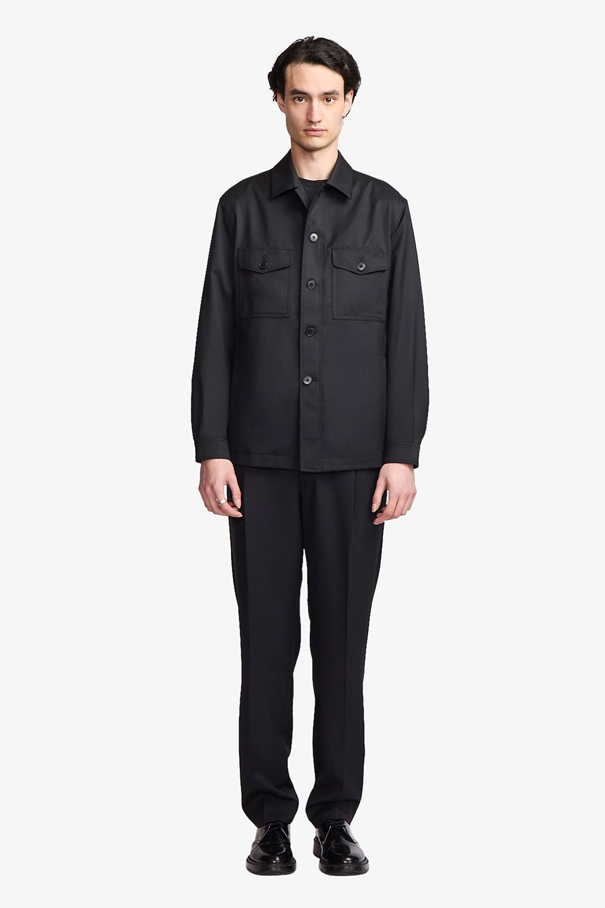Image of a model wearing Outerwear. Productname: Anthony Squires Saunder black twill jacket in Black colour by brand - Anthony Squires
