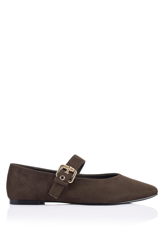 Image of Shoes. Product name - Europe Mary-Jane Flats in Chocolate Brown Micro colour by brand - Betty Basics