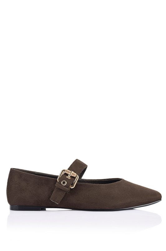 Image of Shoes. Product name - Europe Mary-Jane Flats in Chocolate Brown Micro colour by brand - Betty Basics
