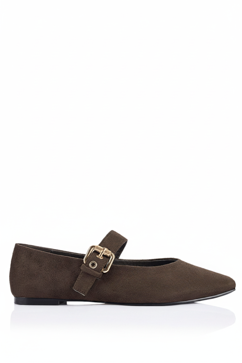Image of Shoes. Product name - Europe Mary-Jane Flats in Chocolate Brown Micro colour by brand - Sass Clothing