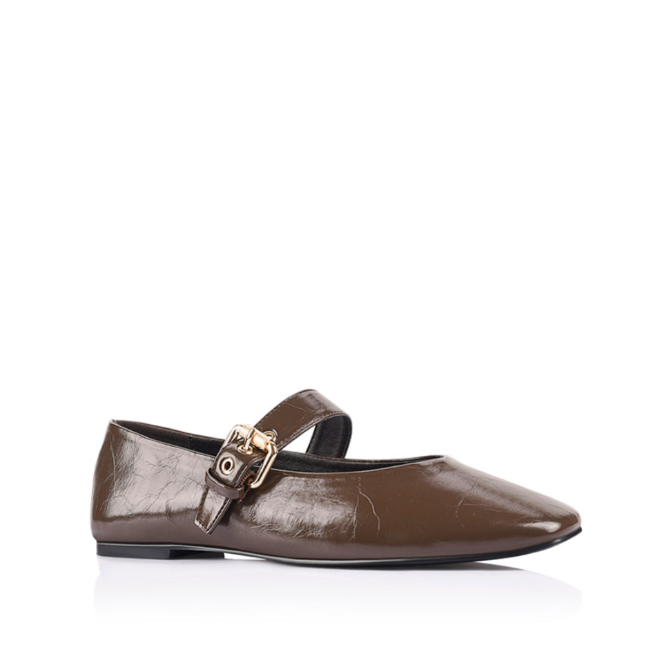 Image of Shoes. Product name - Europe Mary-Jane Flats in Chocolate Brown Crinkle colour by brand - Betty Basics