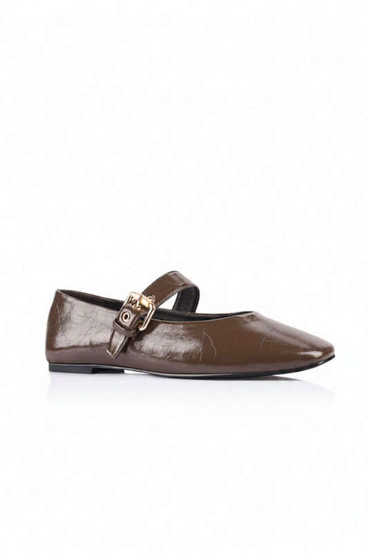 Image of Shoes. Product name - Europe Mary-Jane Flats Chocolate Brown Crinkle in Chocolate Brown Crinkle colour by brand - Sass Clothing