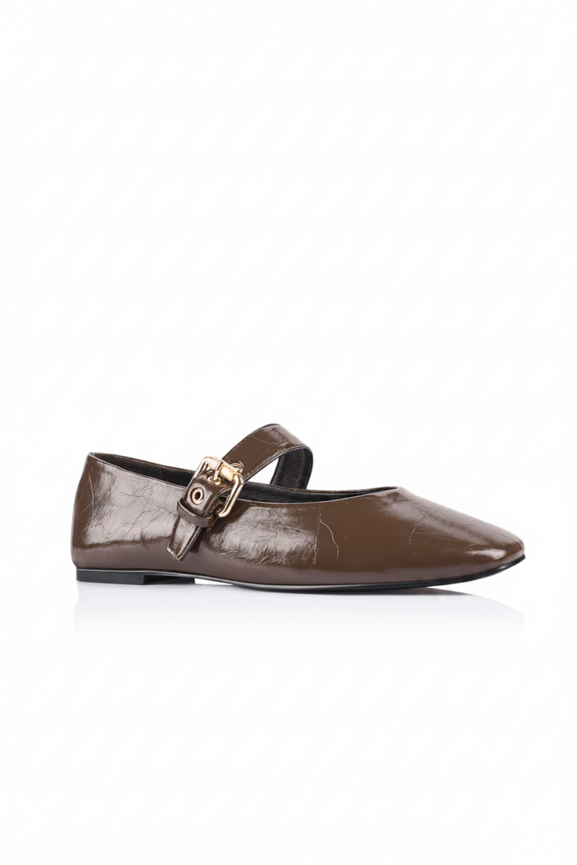 Image of Shoes. Product name - Europe Mary-Jane Flats in Chocolate Brown Crinkle colour by brand - Sass Clothing