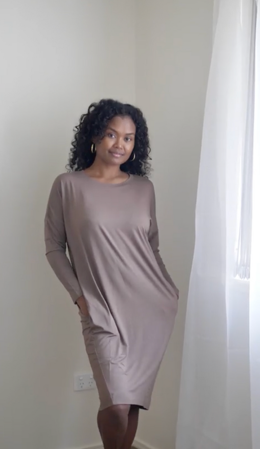 Image of Dresses. Product name - Turner Long-Sleeve Bamboo T-Shirt Dress Chocolate in Chocolate colour by brand - Lou Lou