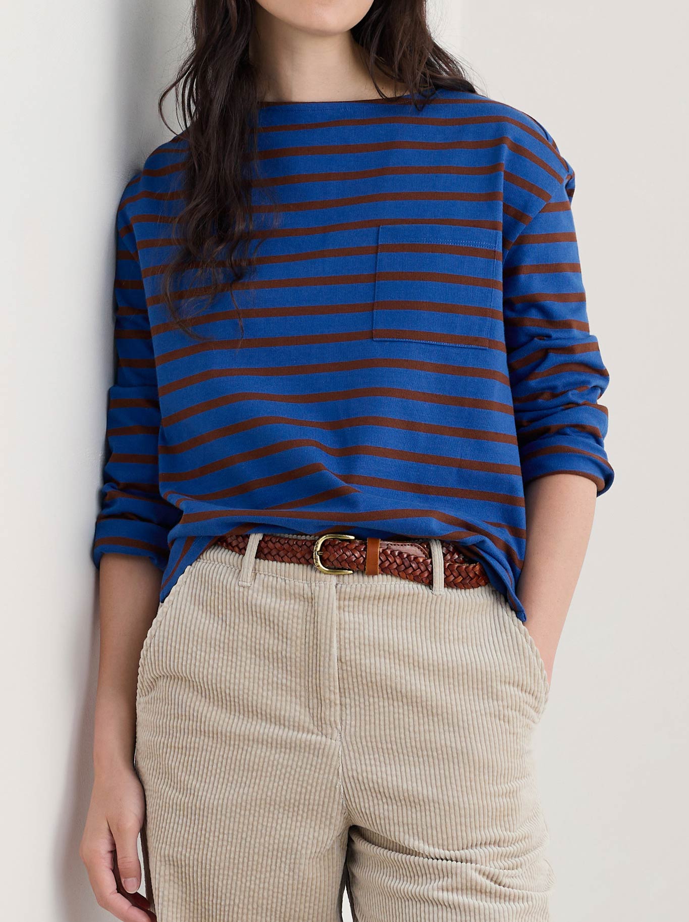 Image of a model wearing Tops. Product name - Seasalt Beach Boat Top in Breton Ink Cocoa colour by brand - Seasalt