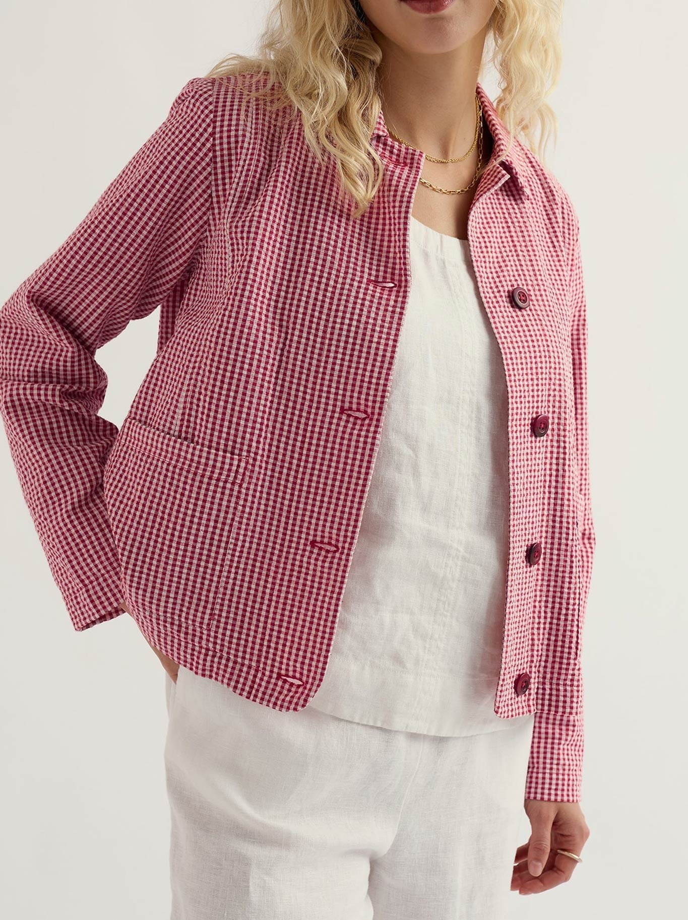Image of Coats & Jackets. Product name - Seasalt Carnon Downs Jacket in Gingham Scarlet colour by brand - Seasalt