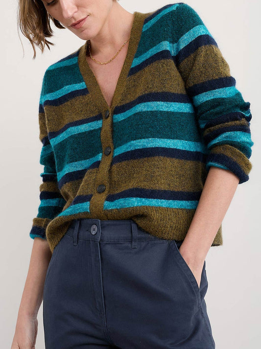 Image of a model wearing Outerwear. Product name - Seasalt Etching Cardigan in Cyan colour by brand - Seasalt