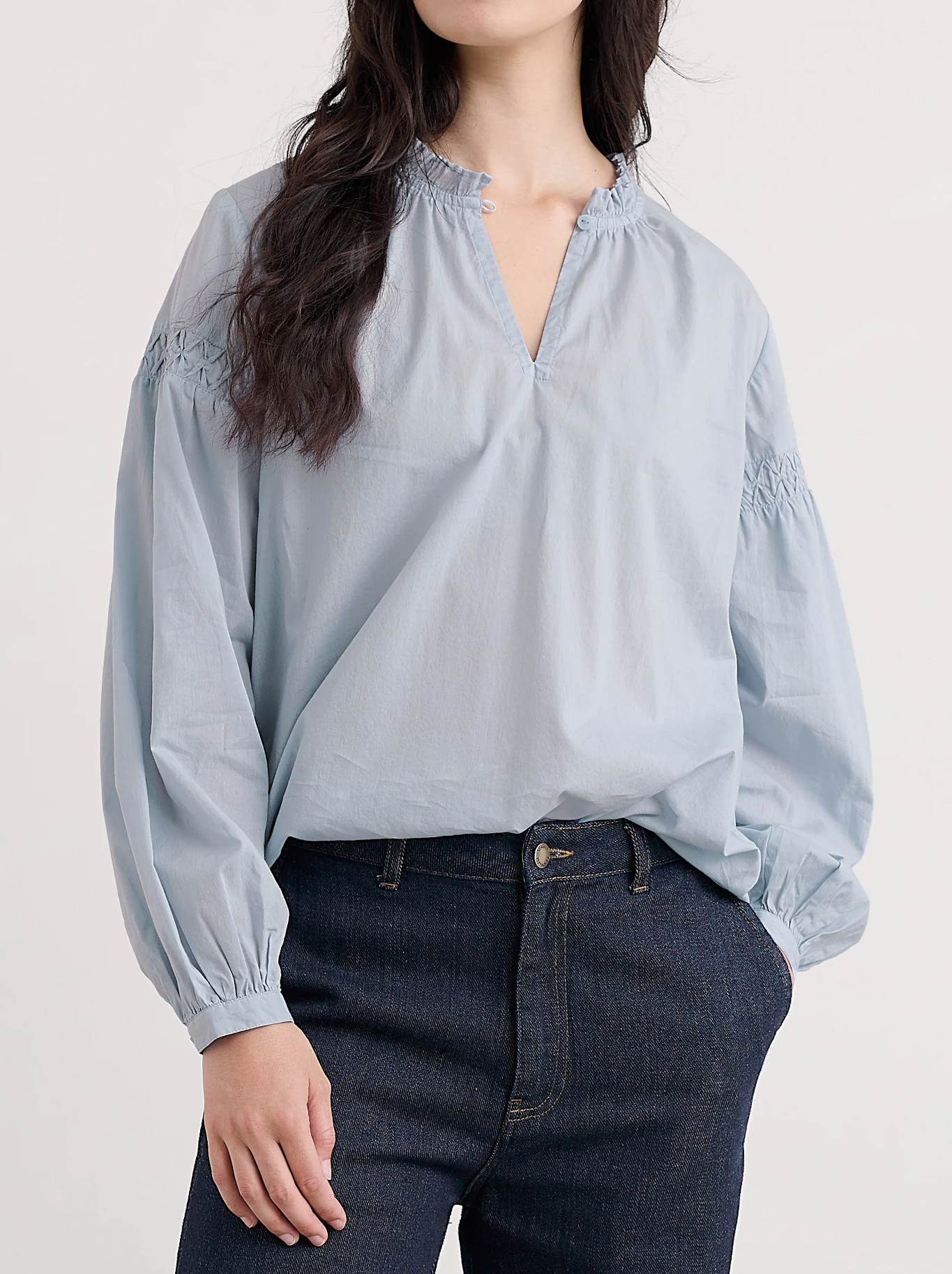 Image of a model wearing Tops. Product name - Seasalt Gwel Top in Blue Fog colour by brand - Seasalt