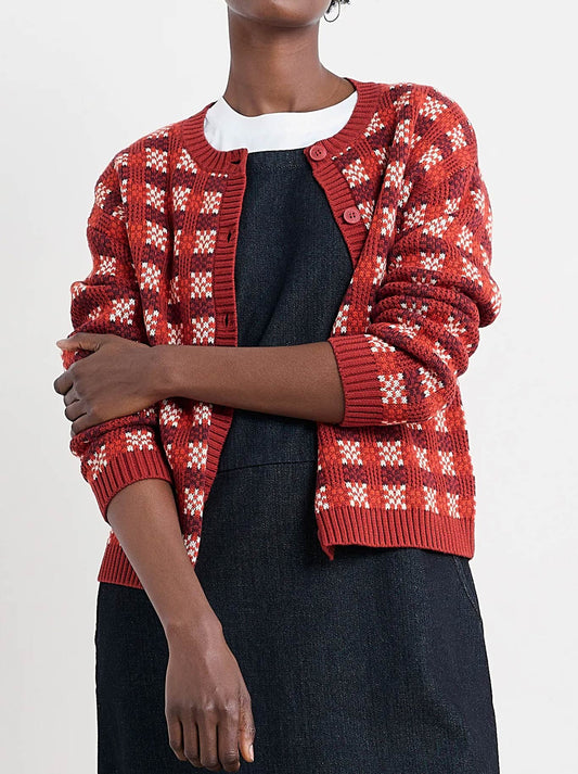 Image of a model wearing Outerwear. Product name - Seasalt Kensa Cardigan in Deep Rust Chalk colour by brand - Seasalt