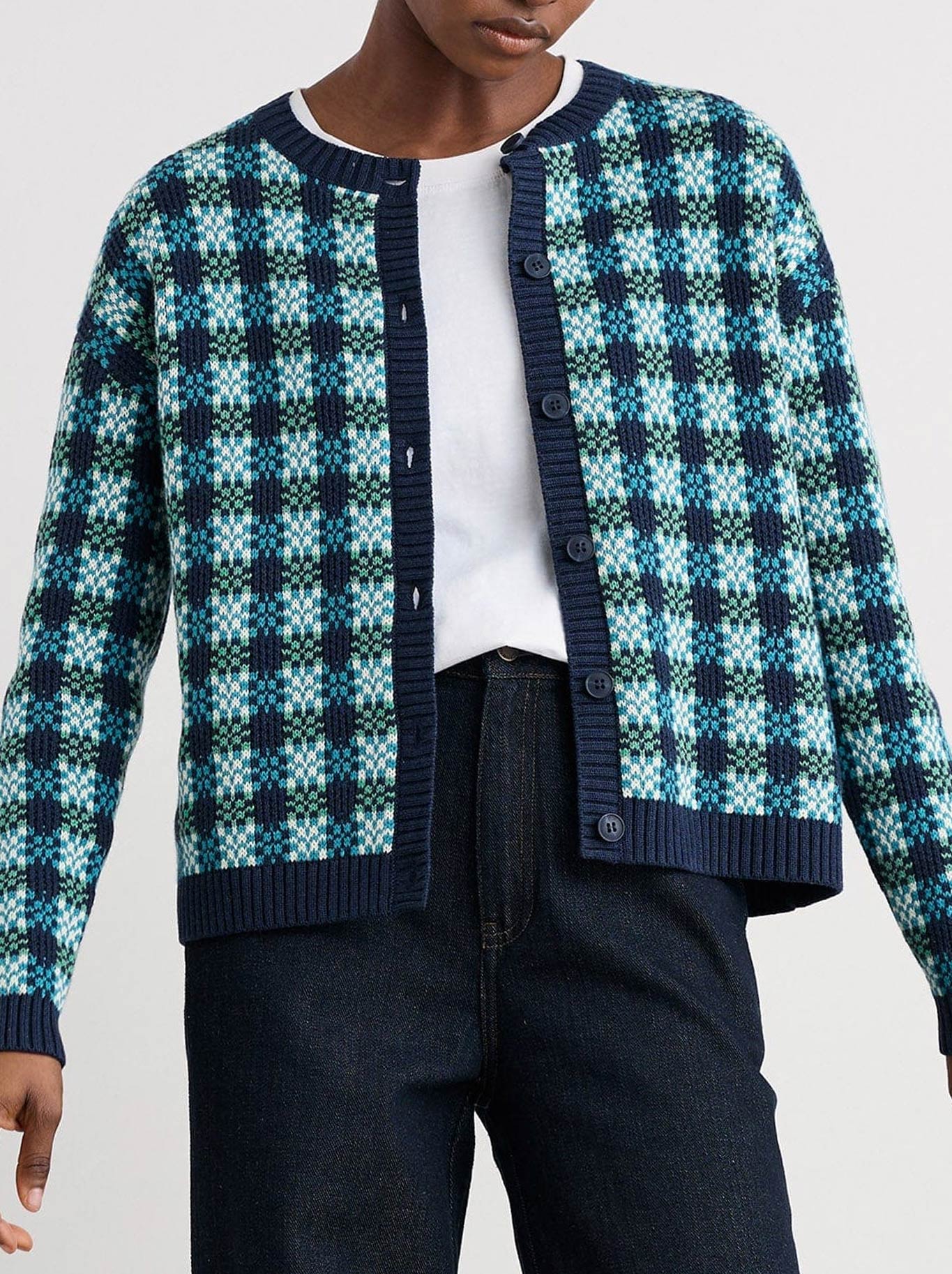 Image of a model wearing Outerwear. Product name - Seasalt Kensa Cardigan in Emulsion colour by brand - Seasalt