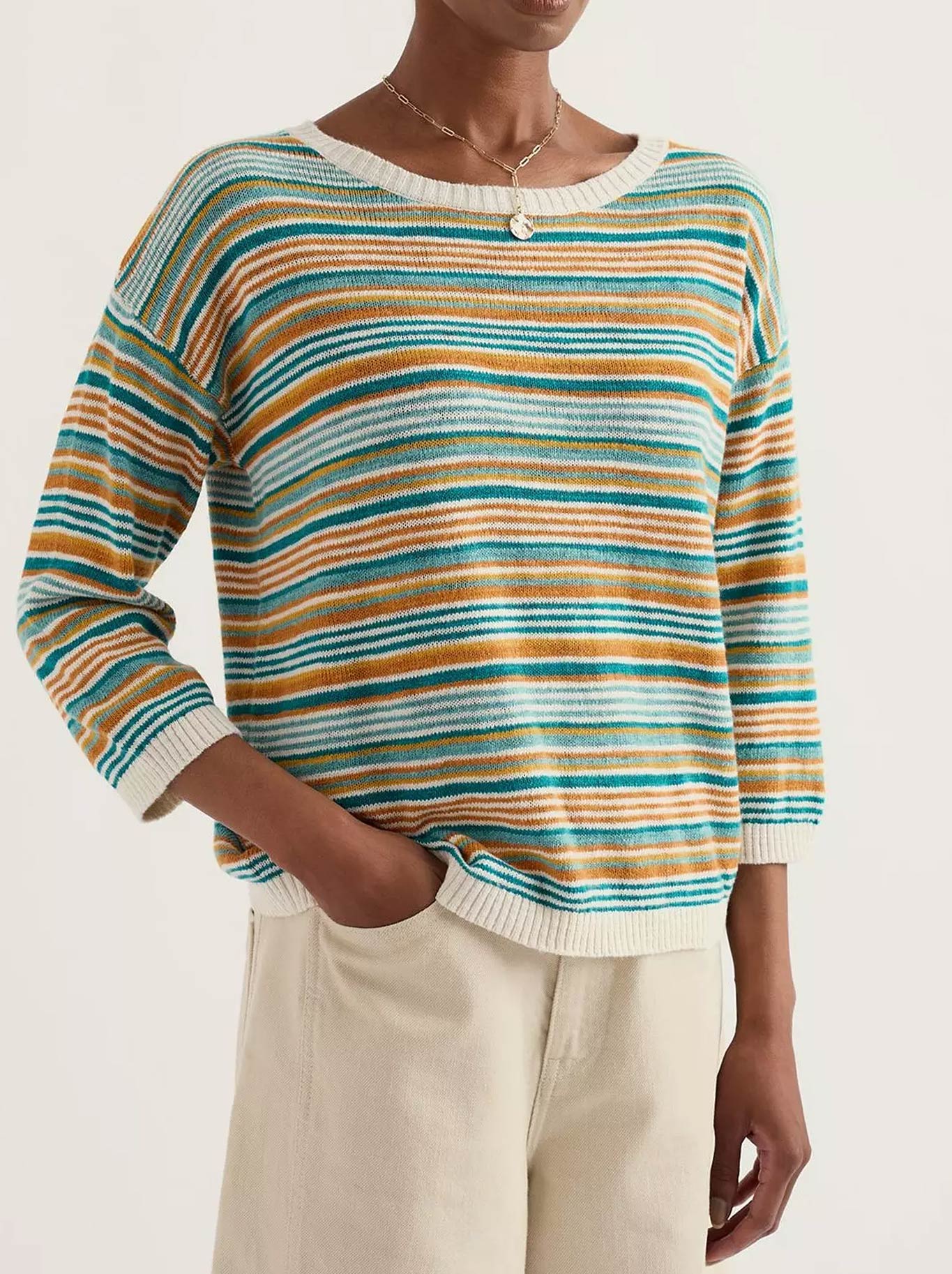 Image of a model wearing Outerwear. Product name - Seasalt Knavock Jumper in Dittany Amber Multi colour by brand - Seasalt