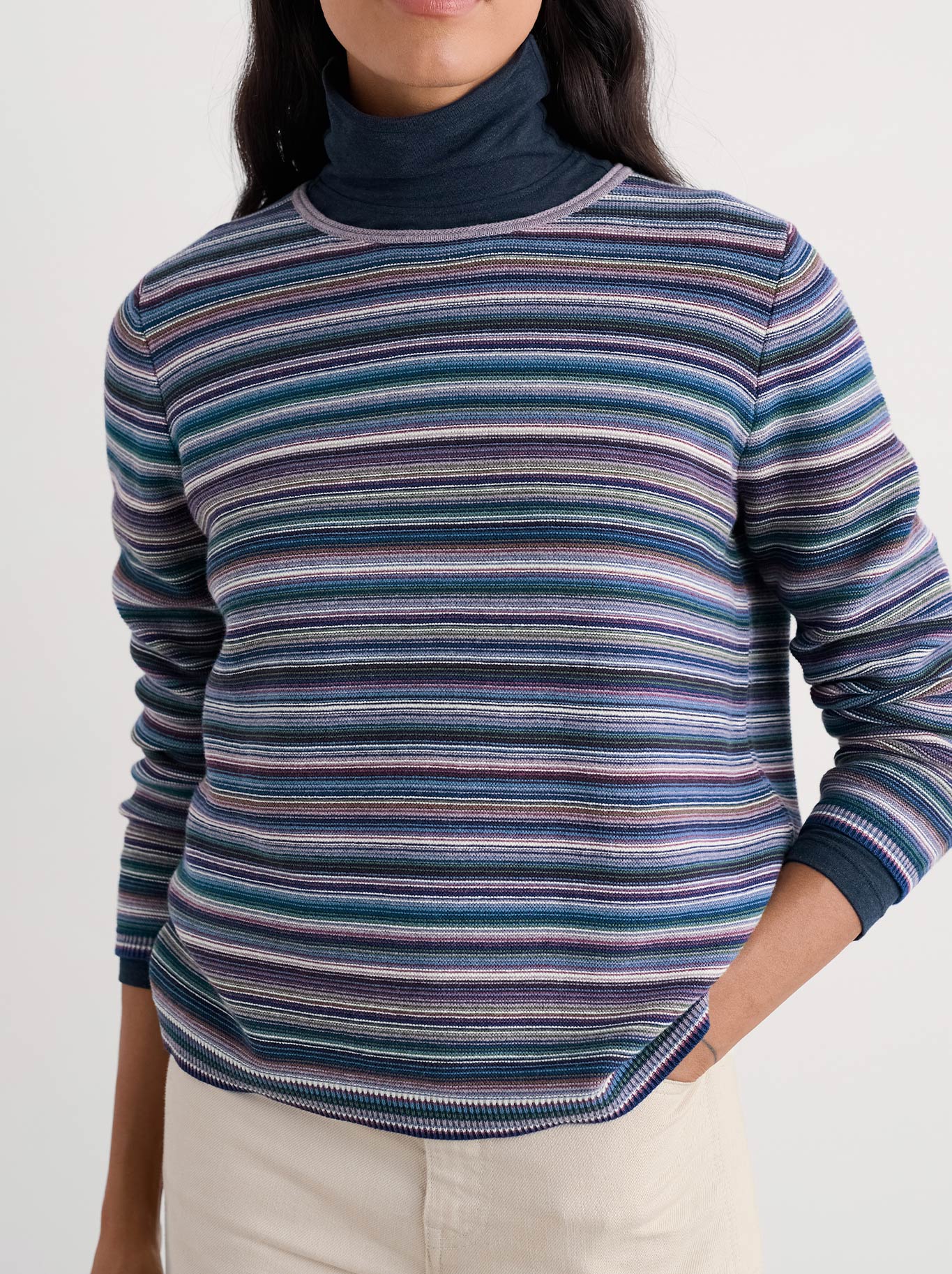 Image of a model wearing Outerwear. Product name - Seasalt Makers Jumper in Grape Thistle Mix colour by brand - Seasalt