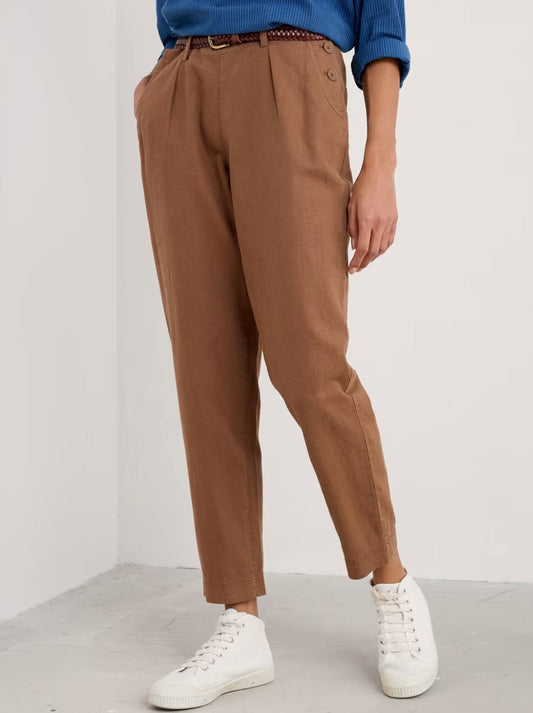Image of a model wearing Pants. Productname: SEASALT NANTERROW TROUSER in Toffee colour by brand - Seasalt