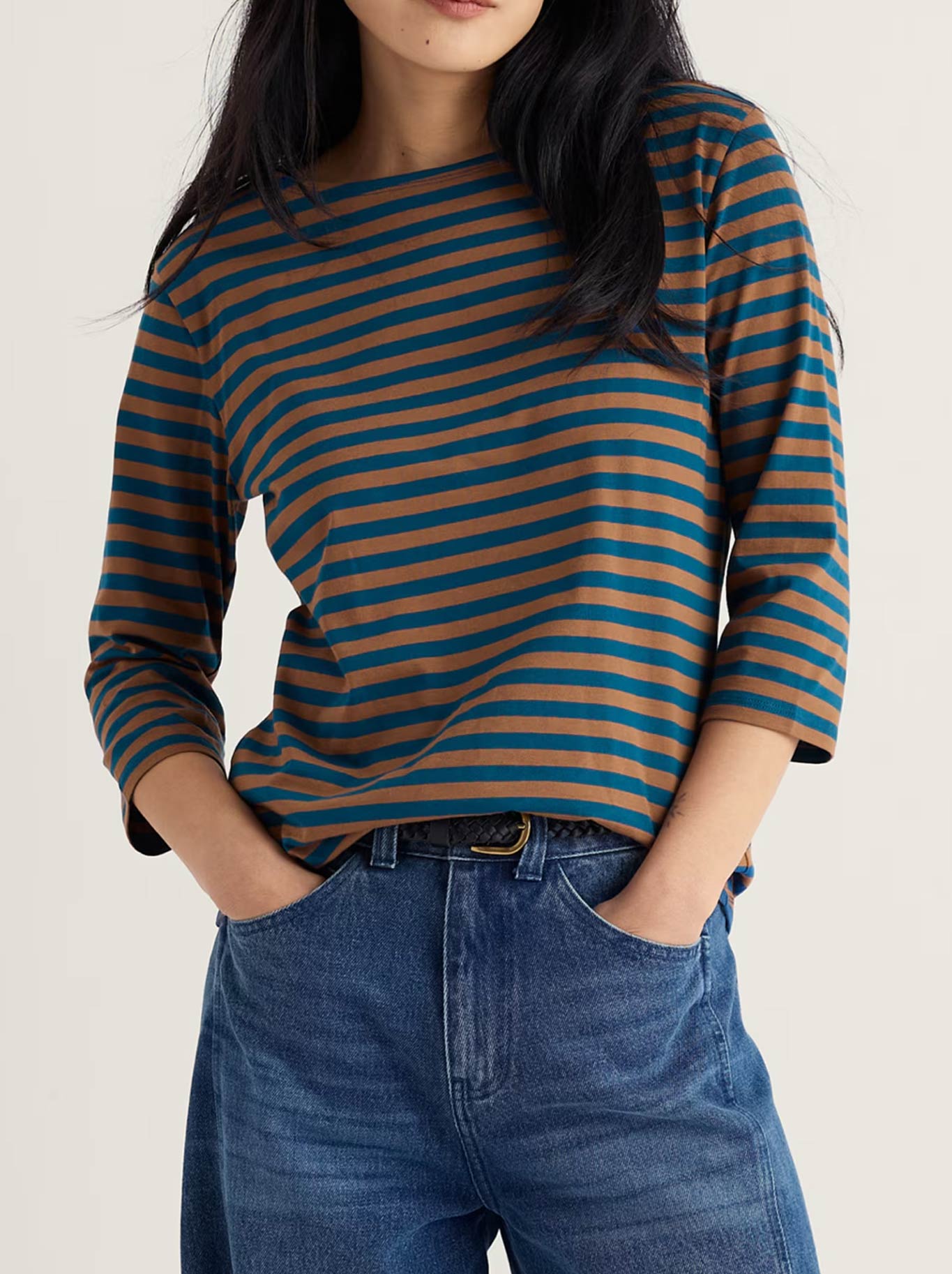 Image of a model wearing Tops. Product name - Seasalt Sailor Top in Mini Cornish Toffee colour by brand - Seasalt
