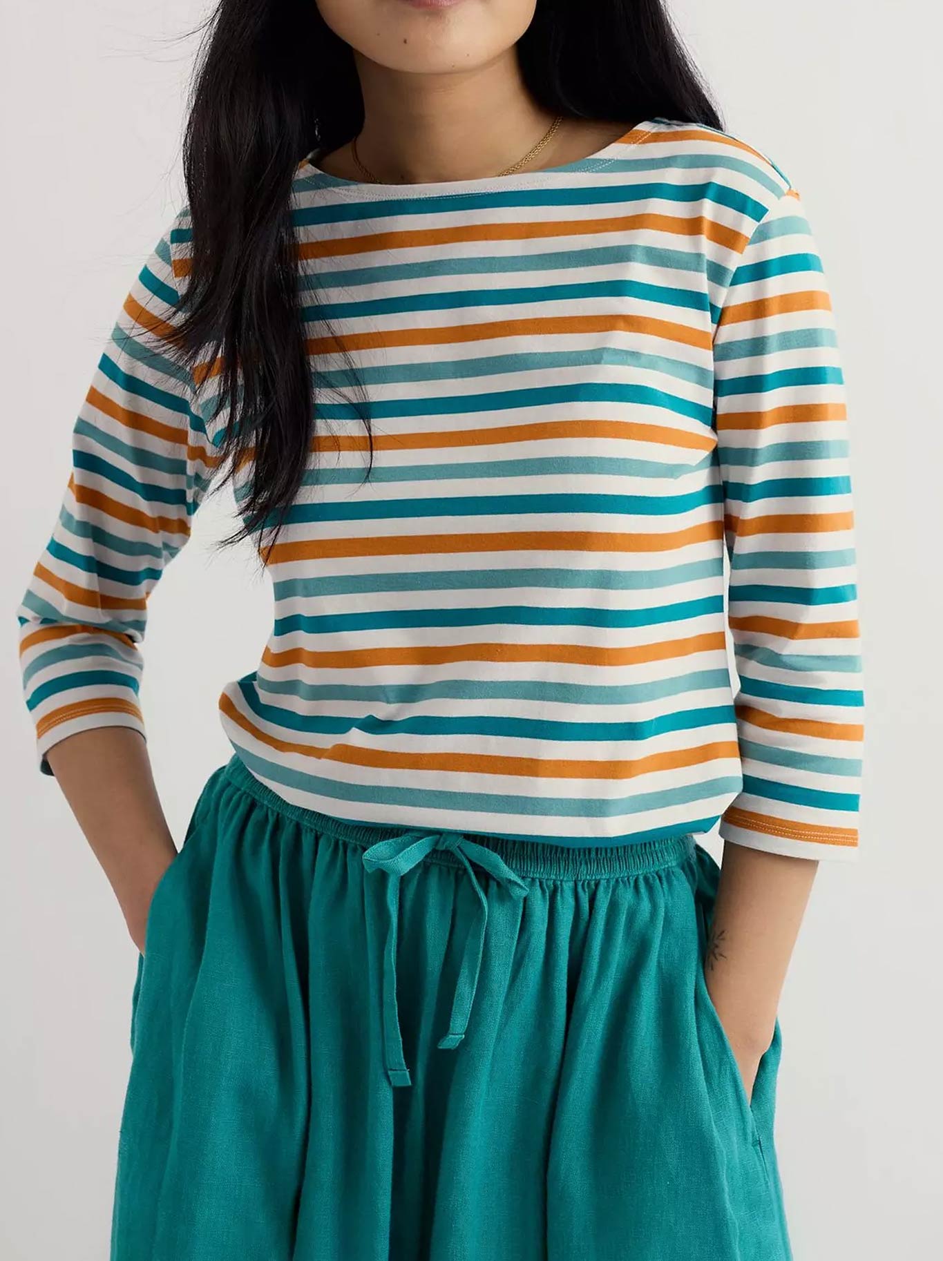 Image of a model wearing Tops. Product name - Seasalt Sailor Top in Mini Cornish Deep Dive colour by brand - Seasalt