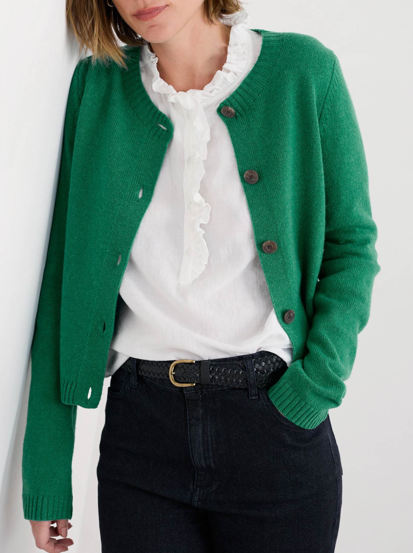 Image of a model wearing Outerwear. Product name - Seasalt Tern Tide Cardigan in Glade colour by brand - Seasalt