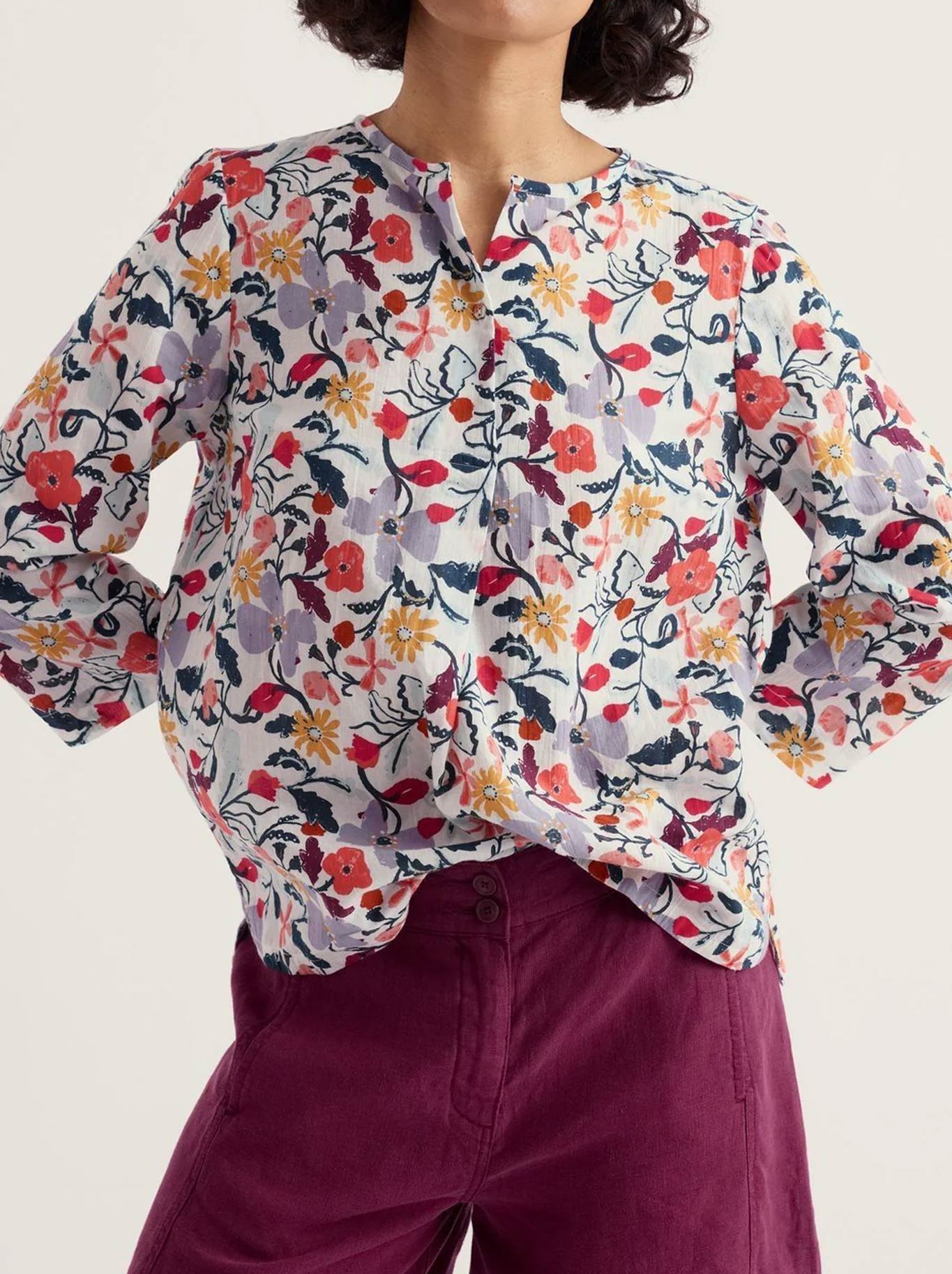 Image of a model wearing Tops. Product name - Seasalt Watercolour Sketch Top in Winding Meadow Mix colour by brand - Seasalt