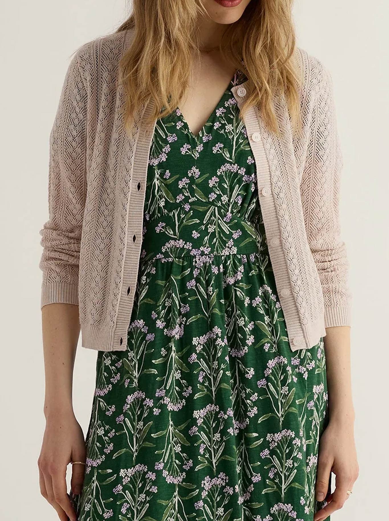 Image of a model wearing Outerwear. Product name - Seasalt Willowing Cardigan in Chalk colour by brand - Seasalt