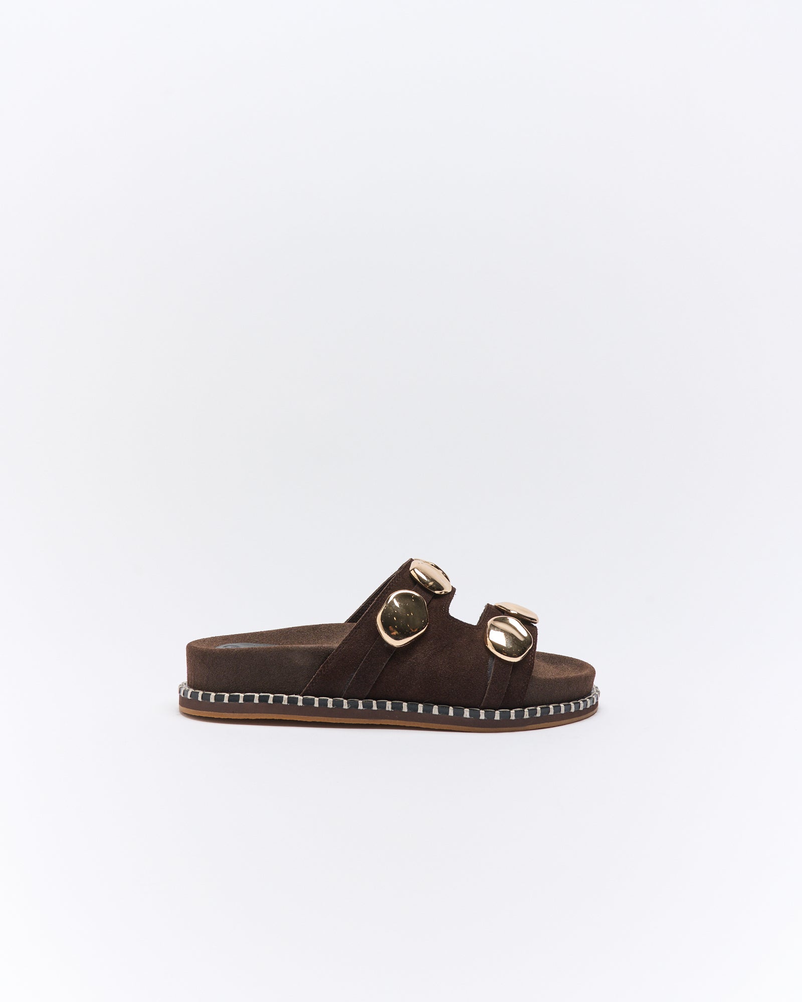 Image of Slippers. Productname: Walnut Melbourne Shae Leather Slide in Chocolate Suede colour by brand - Walnut Melbourne