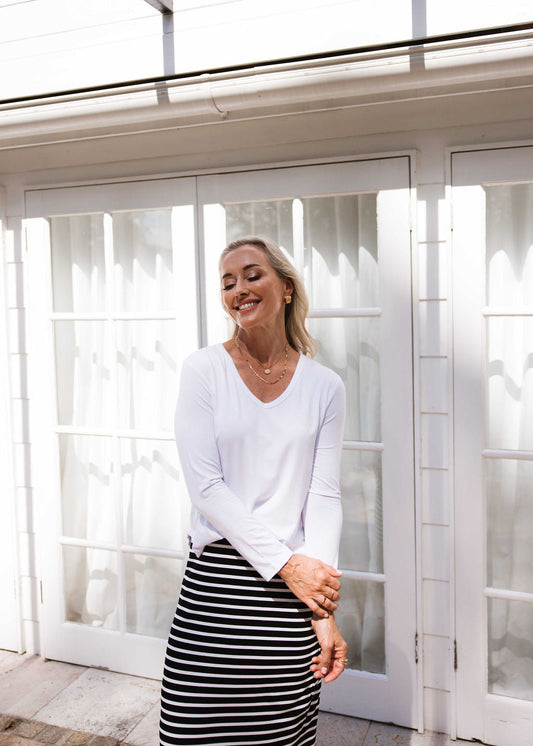 Image of a model wearing Tops. Product name - The V-Neck Set in Default Title colour by brand - Lou Lou