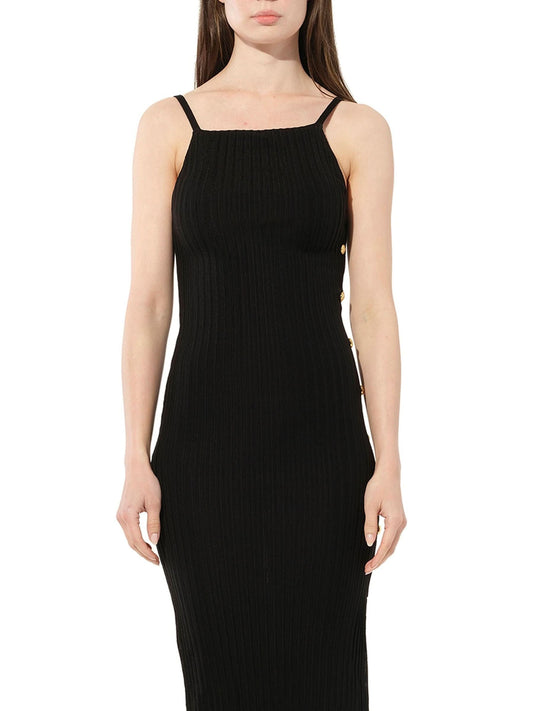 Image of a model wearing Dress. Productname: BALMAIN Side Button Strap Dress in Black colour by brand - BALMAIN