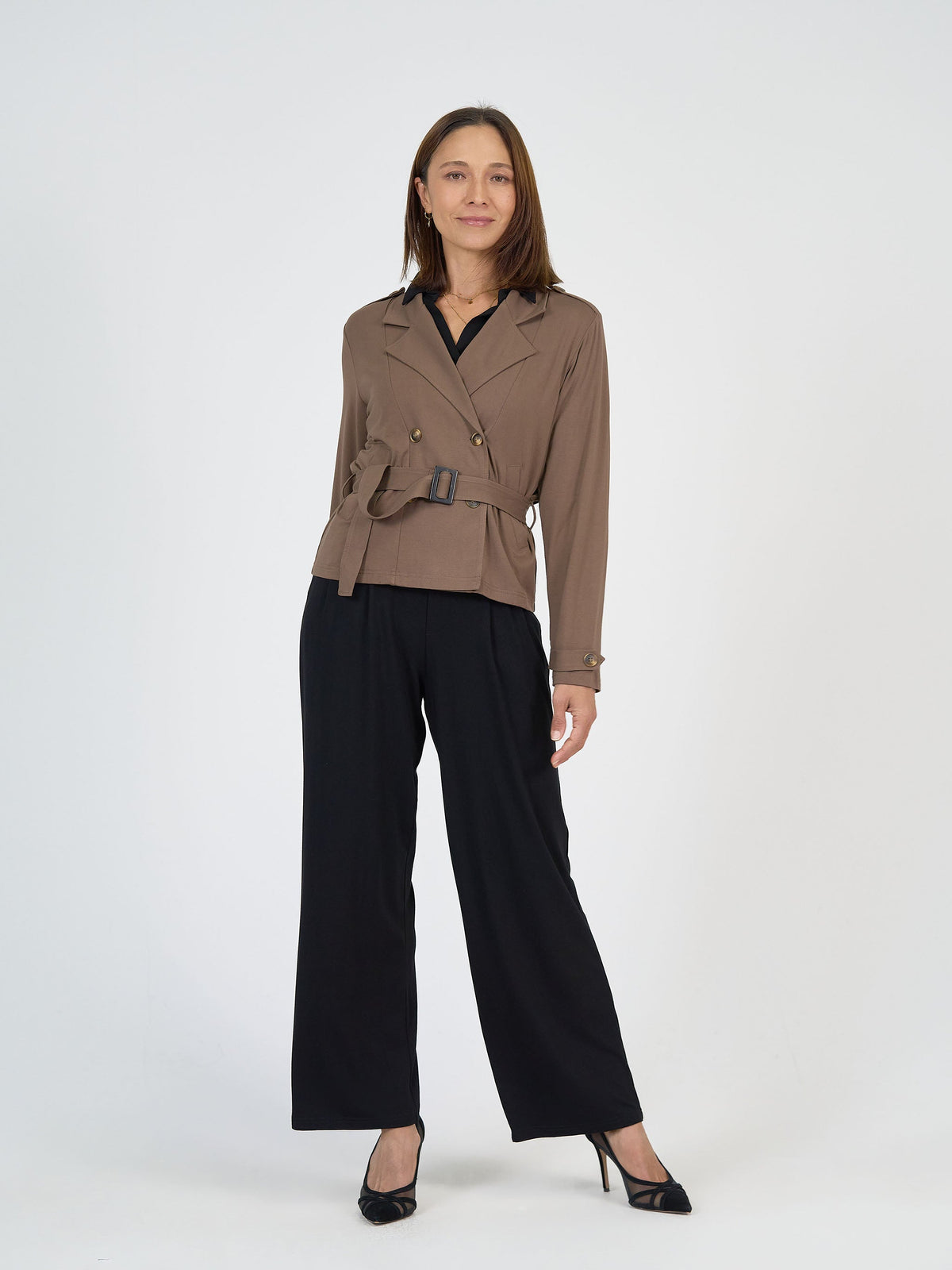 Image of Coats & Jackets. Product name - Sofie Cropped Bamboo Trench Coat in Chocolate colour by brand - Lou Lou