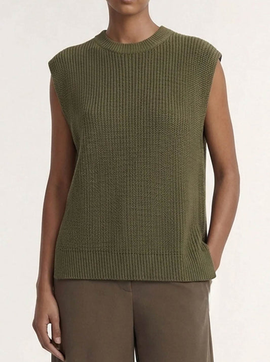 Image of a model wearing Outerwear. Product name - Staple The Label Ellis Knit Tank in Khaki colour by brand - Staple