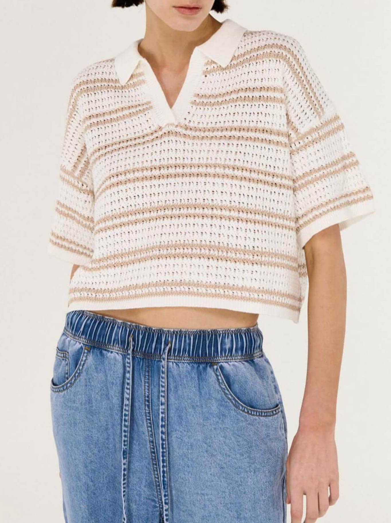 Image of a model wearing Tops. Productname: STAPLE THE LABEL EAMON KNIT POLO TEE in Beige White colour by brand - Staple