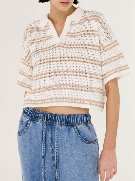 Image of a model wearing Tops. Productname: STAPLE THE LABEL EAMON KNIT POLO TEE in Beige White colour by brand - Staple