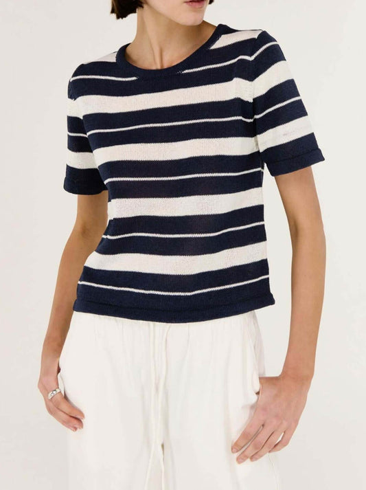 Image of a model wearing Tops. Productname: STAPLE THE LABEL REY KNIT TEE in Navy White colour by brand - Staple
