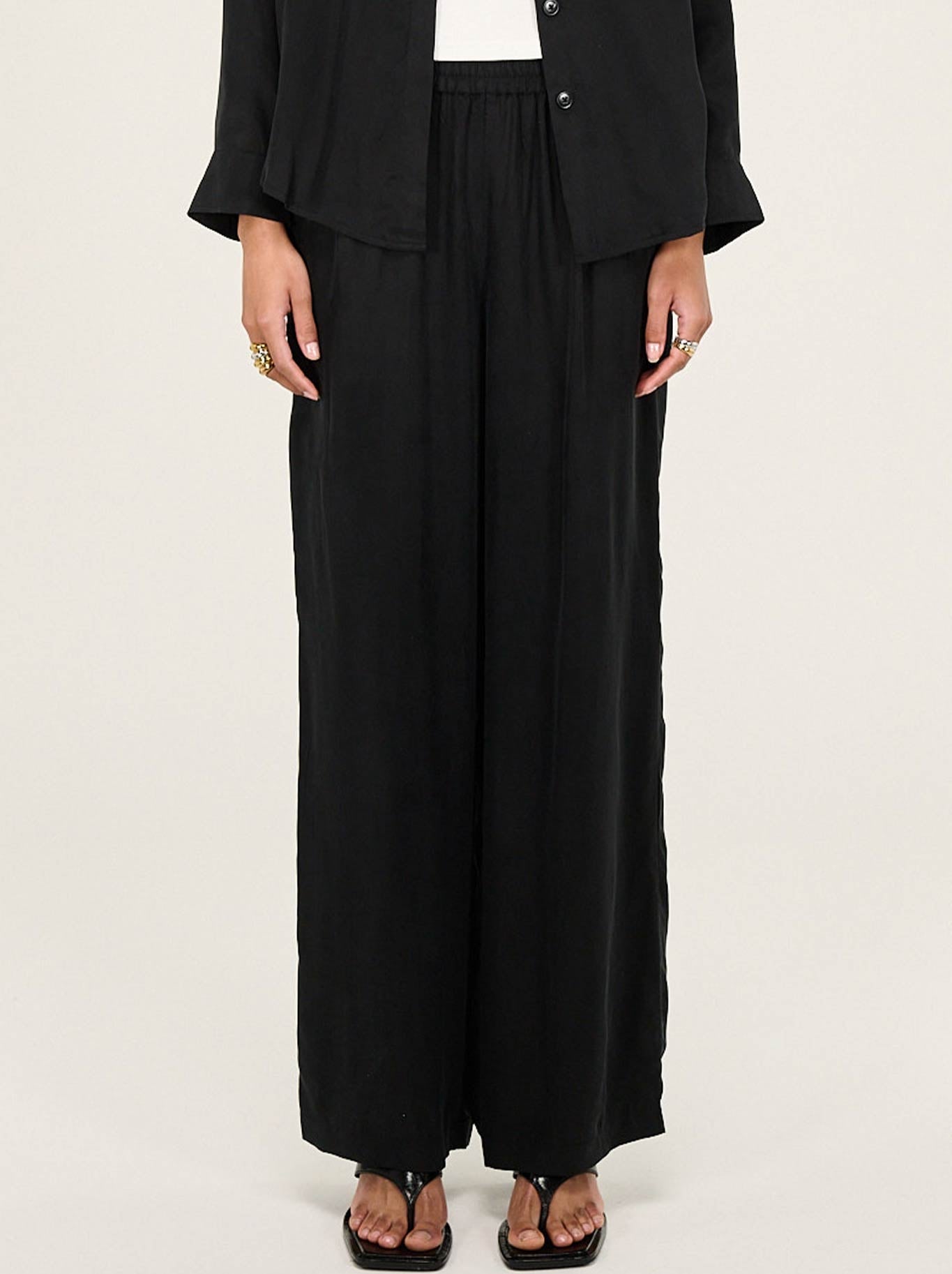 Image of a model wearing Pants. Productname: Staple The Label Silvie Cupro Relaxed Pants in Black colour by brand - Staple