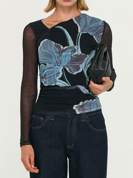 Image of a model wearing Tops. Product name - Staple The Label Stas Mesh Top in Midnight Floral colour by brand - Staple
