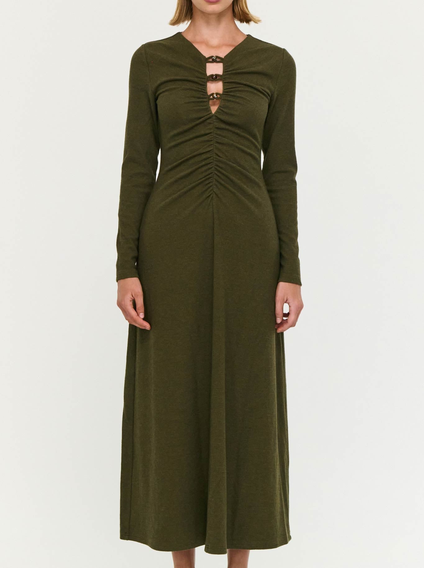 Image of Dresses. Product name - STAPLE THE LABEL FARRAH RIBBED MIDI DRSS in Olive colour by brand - Staple
