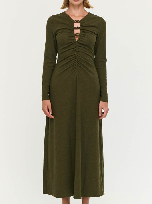 Image of Dresses. Product name - STAPLE THE LABEL FARRAH RIBBED MIDI DRSS in Olive colour by brand - Staple