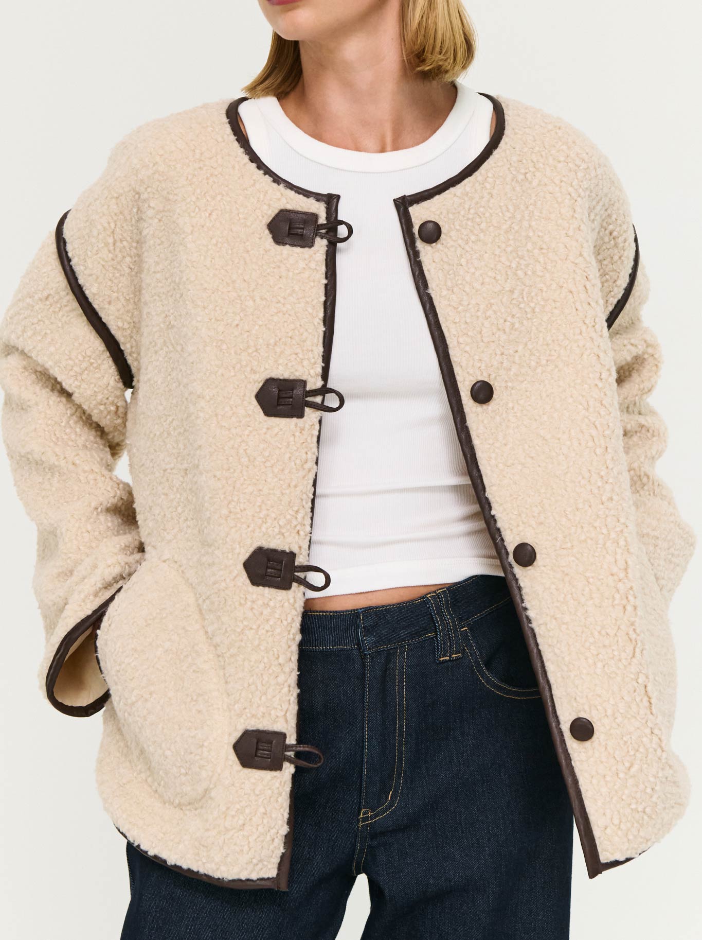 Image of Coats & Jackets. Product name - Staple The Label Pascele Teddy Duffle Coat in Beige colour by brand - Staple
