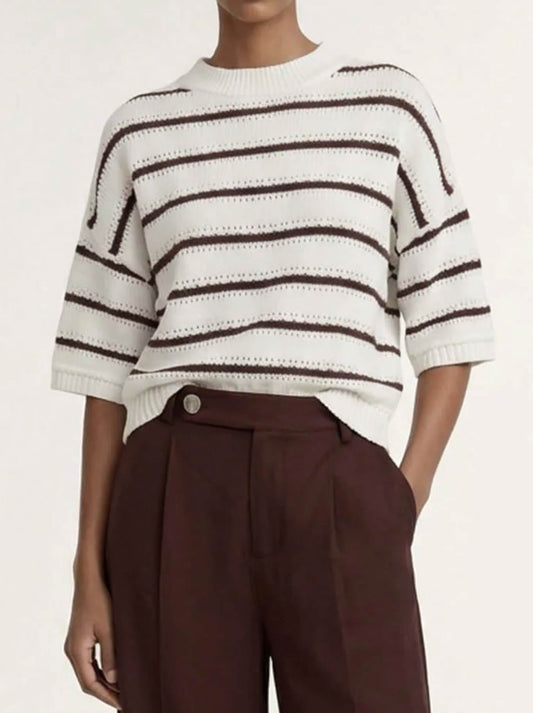 Image of a model wearing Tops. Product name - Staple The Label Pillar Stripe Knit Tee in Brown/White colour by brand - Staple